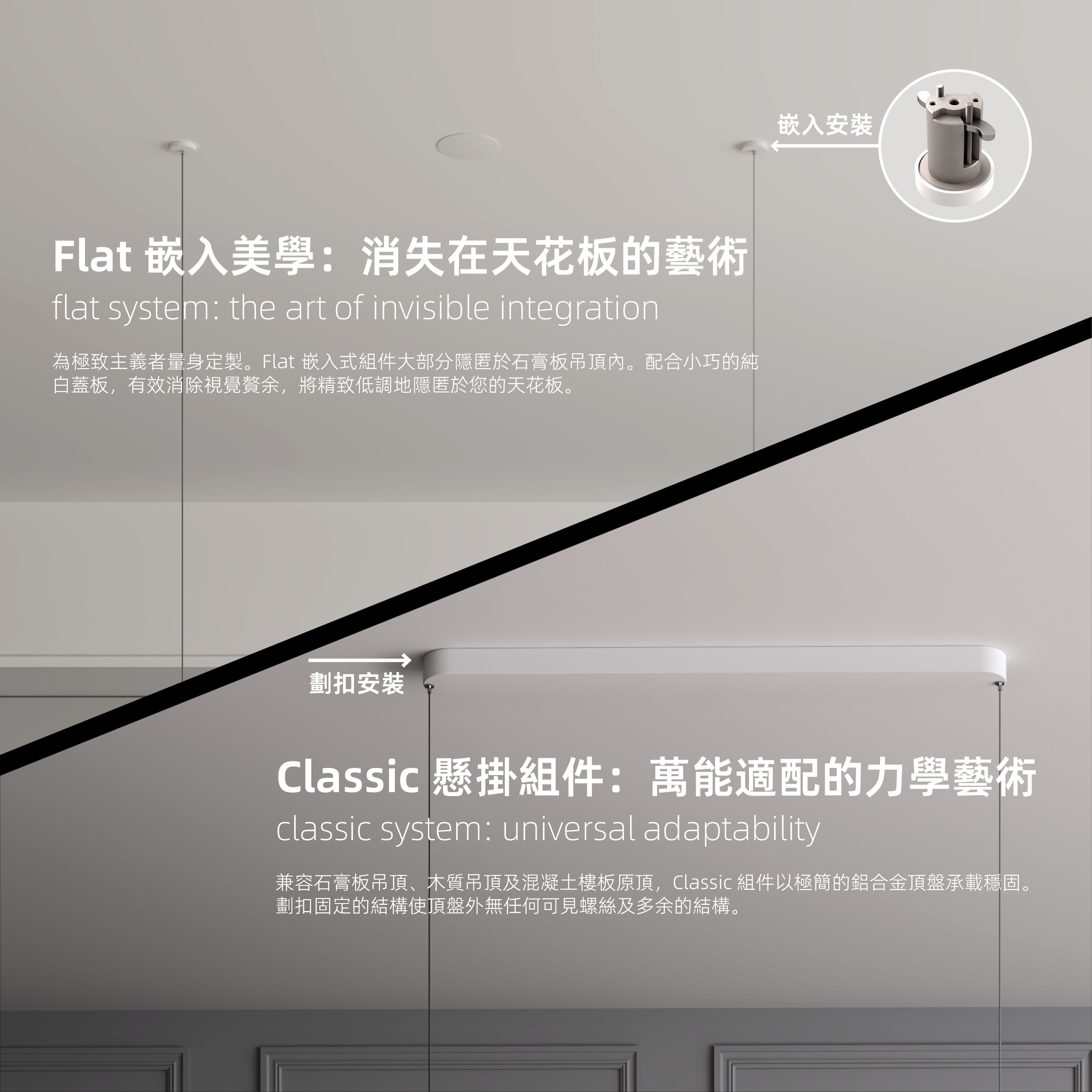 Flat 嵌入美學：消失在天花板的藝術&Classic 懸掛組件：萬能適配的力學藝術