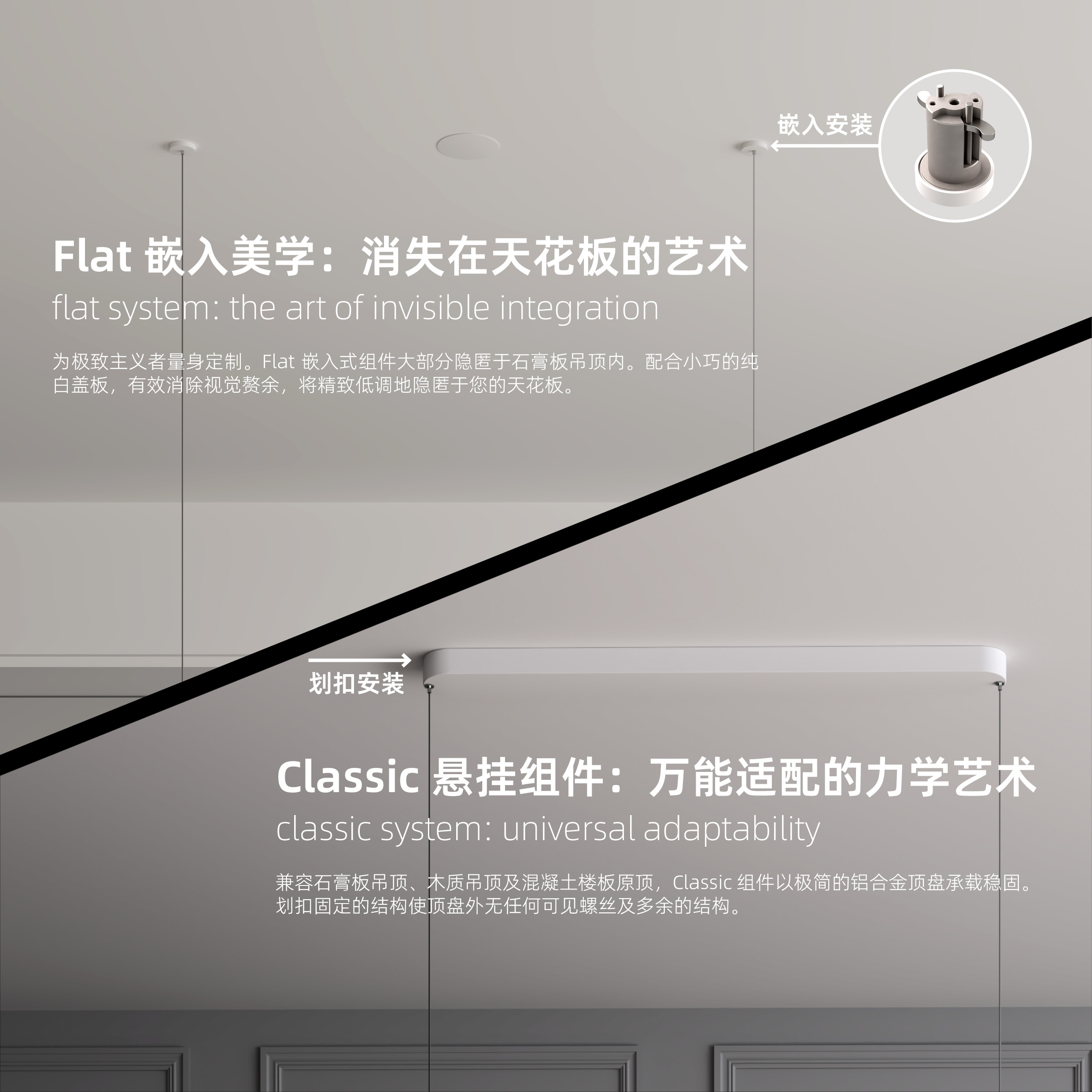 Flat 嵌入美学：消失在天花板的艺术&Classic 悬挂组件：万能适配的力学艺术